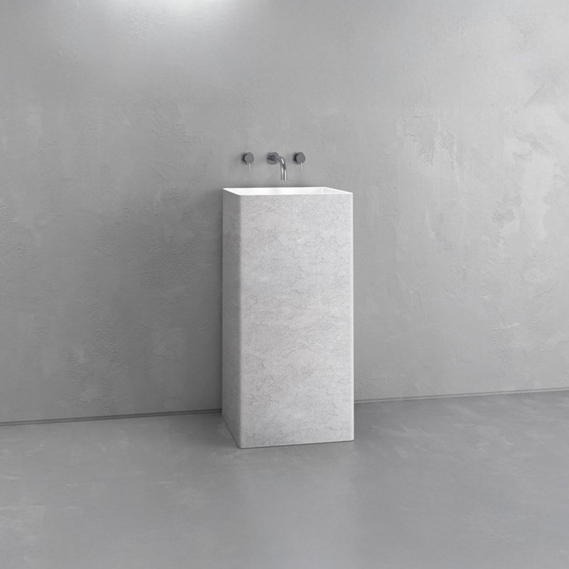 Vast Studio 33.5” Tall Textured White Concrete-White/White Freestanding Pedestal Sink –Rectangular Basin with Metallic Luxury Finish & Modern Minimalist Spa-Inspired Design
