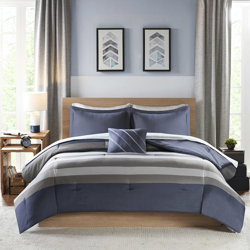 Twin Bedding With Striped Comforter And Pillowcases - Blue Grey Bed Sheets Serene Design
