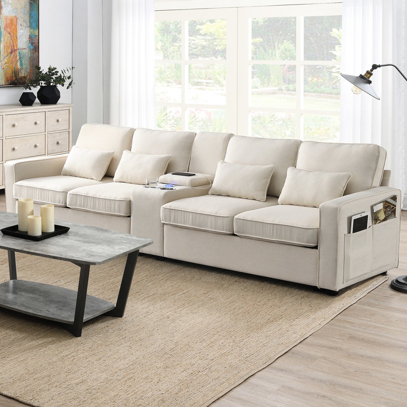 114,2 po rembourré avec console, 2 porte-gobelets, ports, lin, 4, pour la maison salon console et rembourré 4, tissu en lin, structure en bois massif robuste, rembourrage en éponge haute,