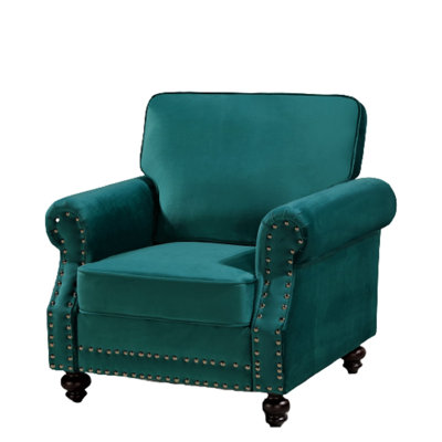 Classic Nailhead Trim Velvet Accent Chair with Solid Wood Turned Legs, Traditional Upholstered Armchair for Living Room