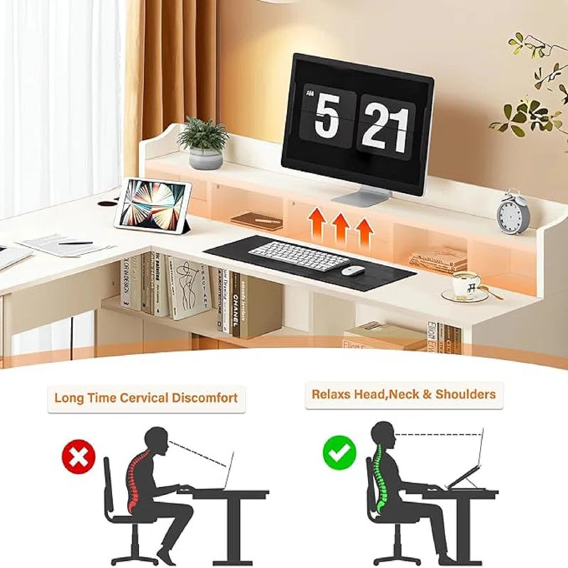 60" L Shaped Office Corner Computer Desk And 55“ Sideboard Buffet Cabinet And  Tall Coffee Bar Cabinet Office Set