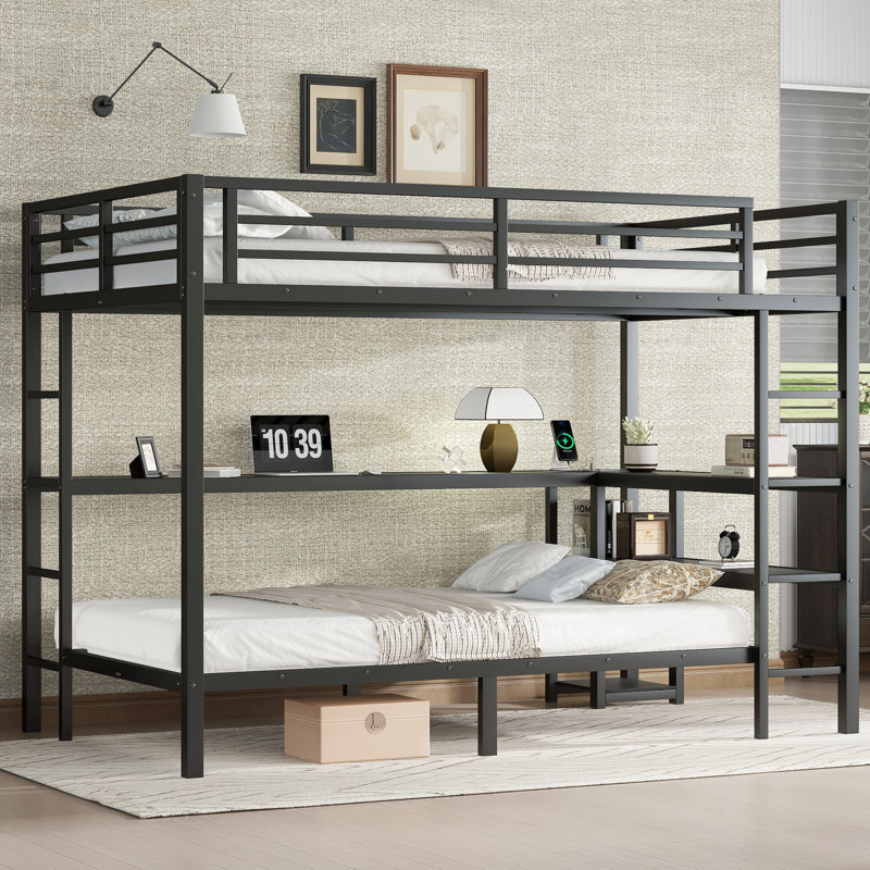 Bunk Bed With Desk And Shelves, Multiple Placement, With LED And USB, Full Over Twin