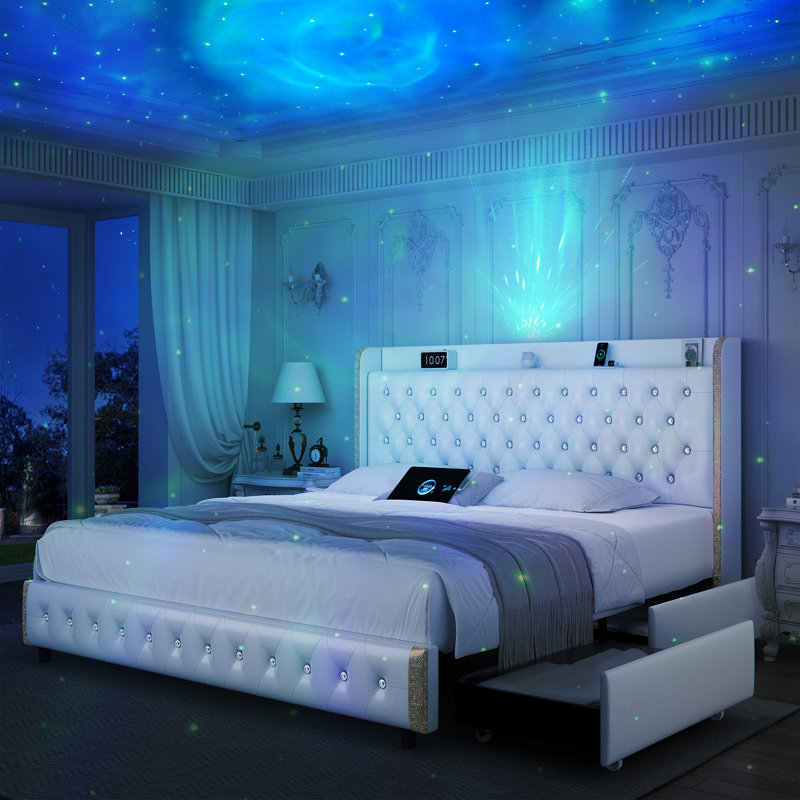 Structure de lit plateforme tapissier avec projecteur Galaxy à 360 °, tiroirs de rangement anti-poussière, tête de lit à oreilles