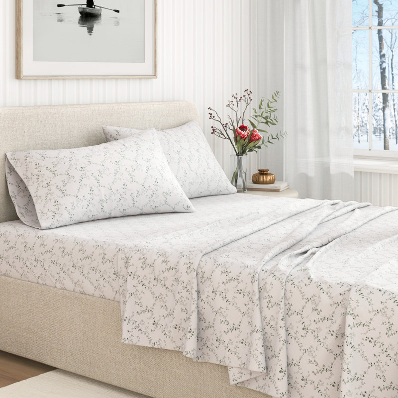Ensemble de draps 100% flanelle de coton, Ensemble de draps pour grand lit avec 2 taies d'or, Winter Vines Floral