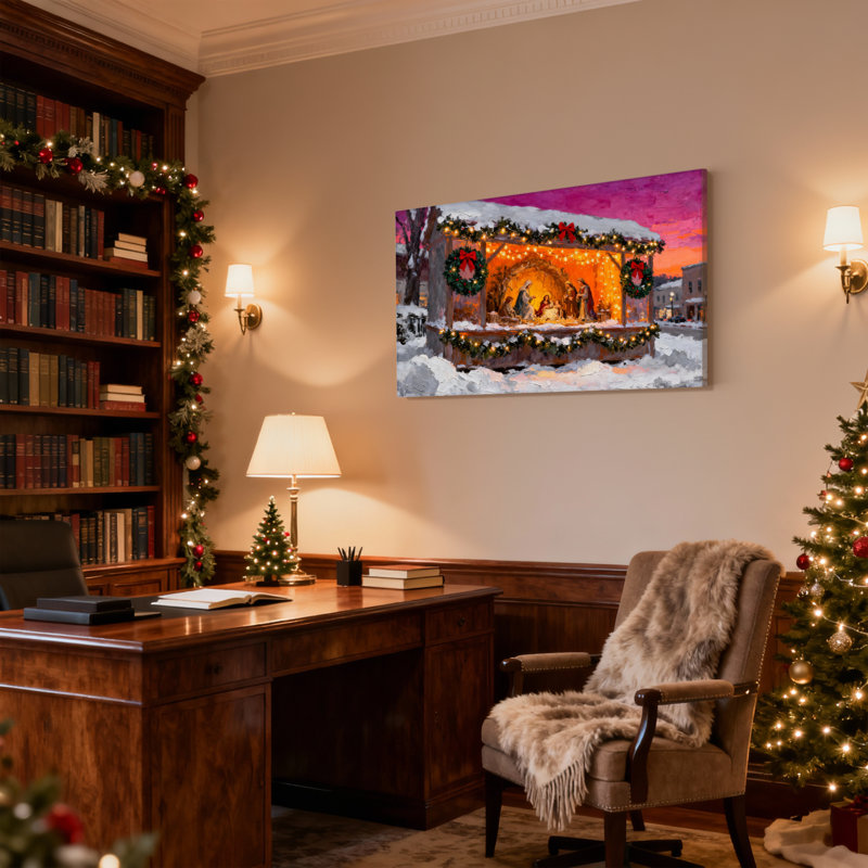 Crèche de Noël avec neige et lumières, ensemble de 3 impressions sur toile, H 16 po x l 24 po