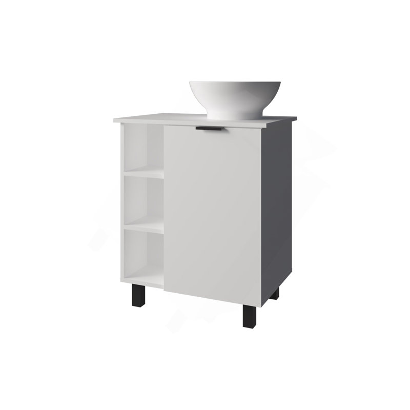 Meuble-lavabo Pinal, porte simple, 8 tablettes de rangement (6 ouvertes et 2 fermées), rangement ouvert, blanc, Blanc