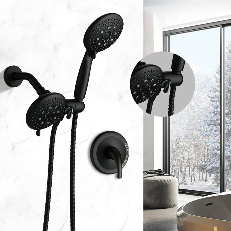 Shower Head With Handheld In Matte Black - 6 Spray Patterns, Brass, Energy Efficient High Wall Mounted 1.8 Gpm, Modes, Adjustable Flow, 59" Hose, Includes Rough-In Valve, Power Massage Pattern