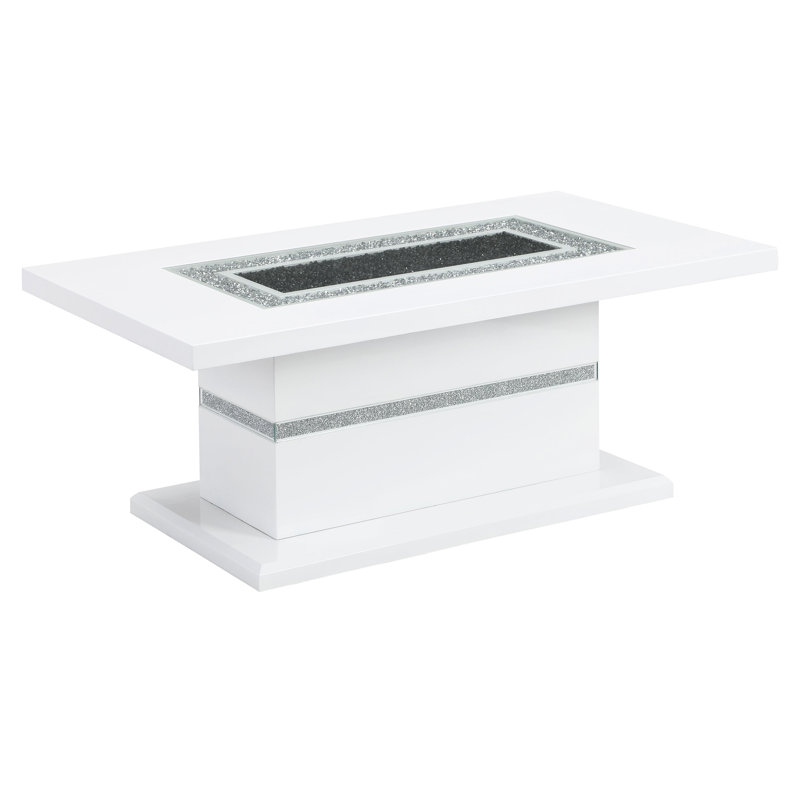 Table basse moderne en blanc avec base et bois d'hévéa brillant contemporain