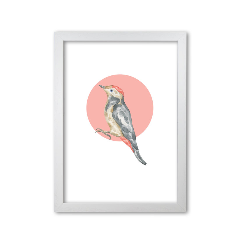 Watercolour Bird With Red Circle - Painting, White Grain Frame, 85 cm H x 60 cm W x 5 cm D