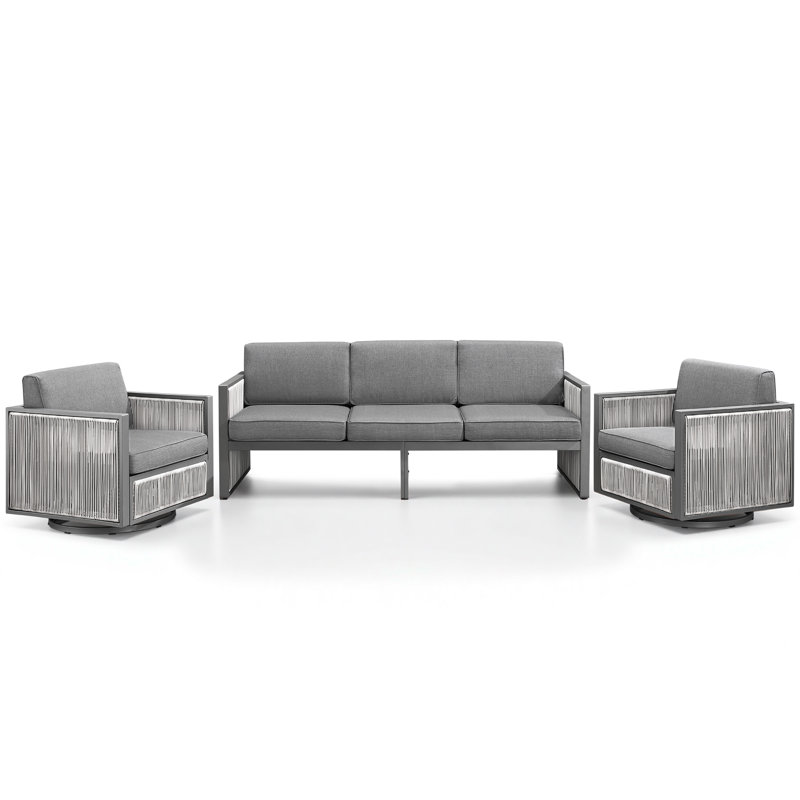 Trinie Outdoor 3-Piece PE Wicker Patio Set With Cushions, Light Gray