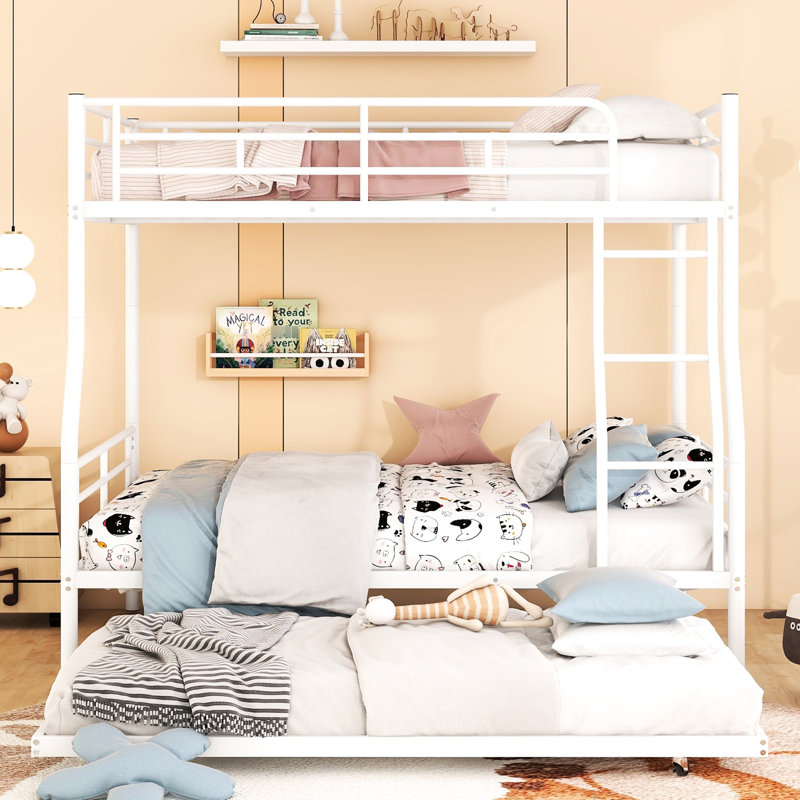 Lit superposé double au-dessus de grand lit double avec lit gigogne en argent - Cadre en fer élégant pour meubles de chambre à coucher
