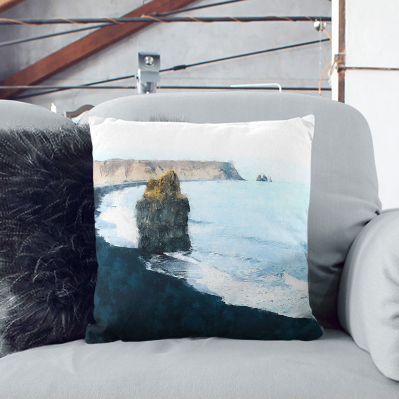 Black Sand Beach in Vik Iceland Painting Scatter Cushion, 55cm H x 55cm W, Black/White