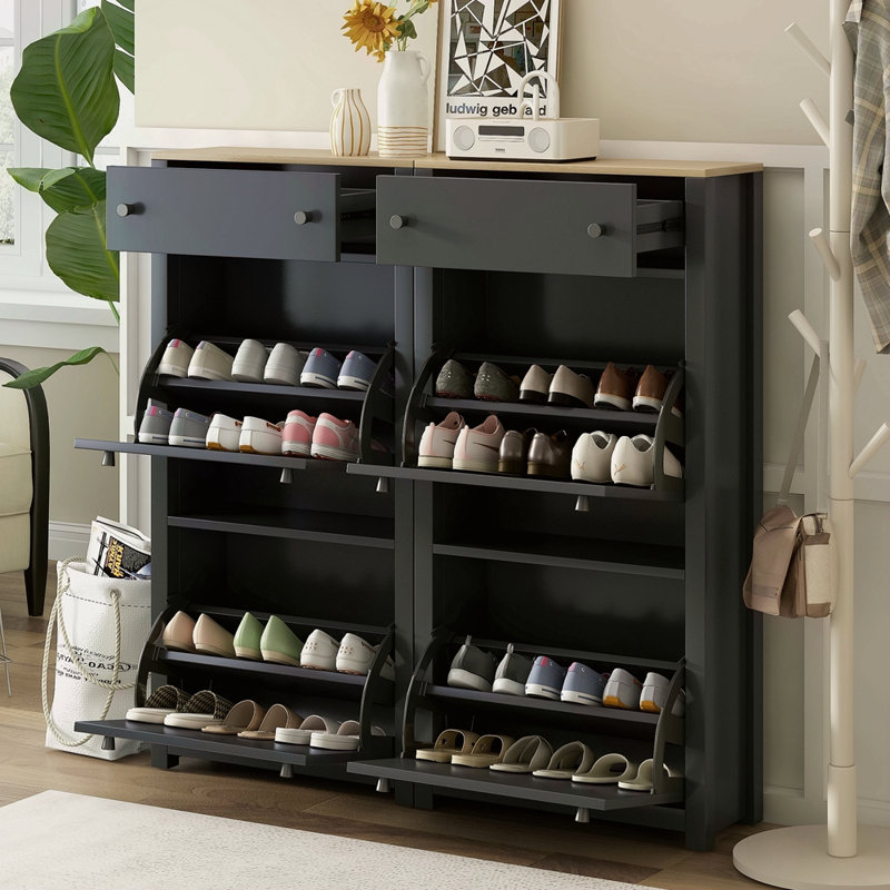 Ensemble d'armoire à chaussures mince avec 4 tiroirs rabattables, solution de rangement supérieure à motif de grain de bois avec panneau réglable, étagère à chaussures de style moderne avec tiroirs pour le couloir
