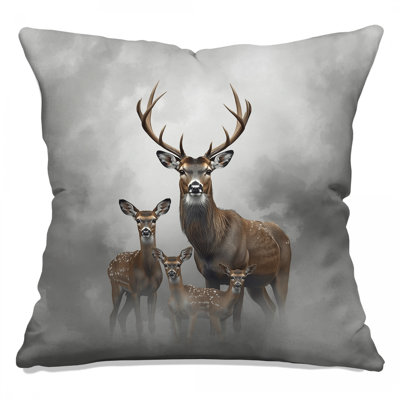Deer Family In Fog Double Sided Throw Pillows