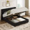 Structure de lit double avec rangement relevable, lit plateforme tapissier en velours côtelé avec tête de lit à oreilles, lattes en bois massif, aucun sommier requis, support hydraulique, noir