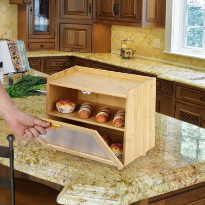 Boîte de rangement à pain en bambou à 2 niveaux avec fenêtre - Organisateur de comptoir de cuisine pour pains, bagels et pâtisseries
