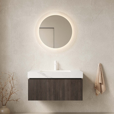 Meuble-lavabo et lavabo 36 po, armoire de rangement flottante en contreplaqué avec tiroir et porte, comptoir en pierre frittée blanc Carrara et lavabo en céramique avec 1 trou de robinet pré-percé, pré-assemblé
