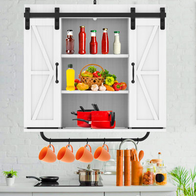 Armoire de rangement murale de salle de bain en bois avec deux portes de grange coulissantes, 30 x 27 x 6,9 pouces, 3 niveaux avec tablette réglable, armoire décorative vintage pour cuisine, salle à manger, salle de séjour, salon, blanc rétro
