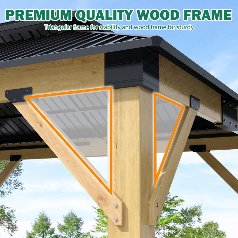 11 ft x 13 ft Solid Wood Gazebo, Outdoor Wooden Gazebo with Aluminum Double Roof for Garden, Patio, Deck, Backyard