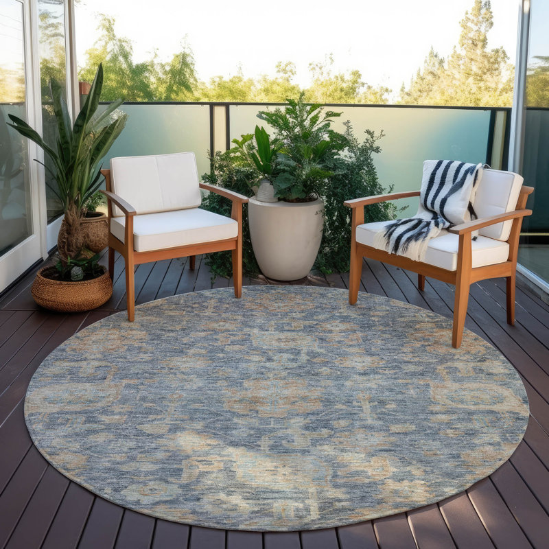 Riga Blue Washable Indoor-Outdoor Rug - , 8' x 8'