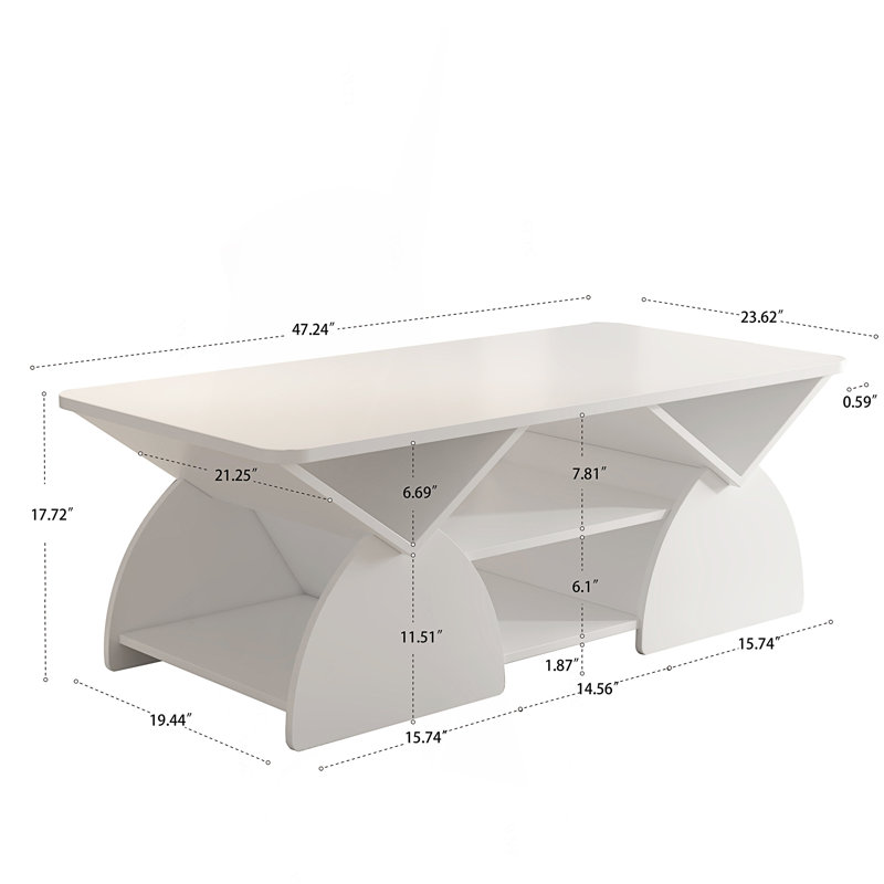 Table basse rectangulaire moderne bleue avec coins arrondis, tablettes de rangement ouvertes et cadre robuste - Table à conception géométrique facile à assembler pour le salon ou la salle de réception 