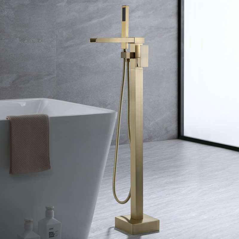 Robinet de baignoire autoportant monocommande à fixation au sol avec douche à main, Or brossé