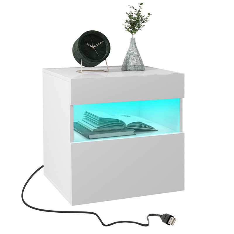 Nightstand with LED Lights, Bedside Table with Drawer and Shelf