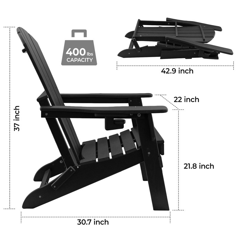 Fauteuil de loisir pliable en PEHD Adirondack - grand espace, adapté à tous les temps, supportant plusieurs types de tasses, nécessitant peu d'entretien, pesant 400 livres, 2 pièces noires