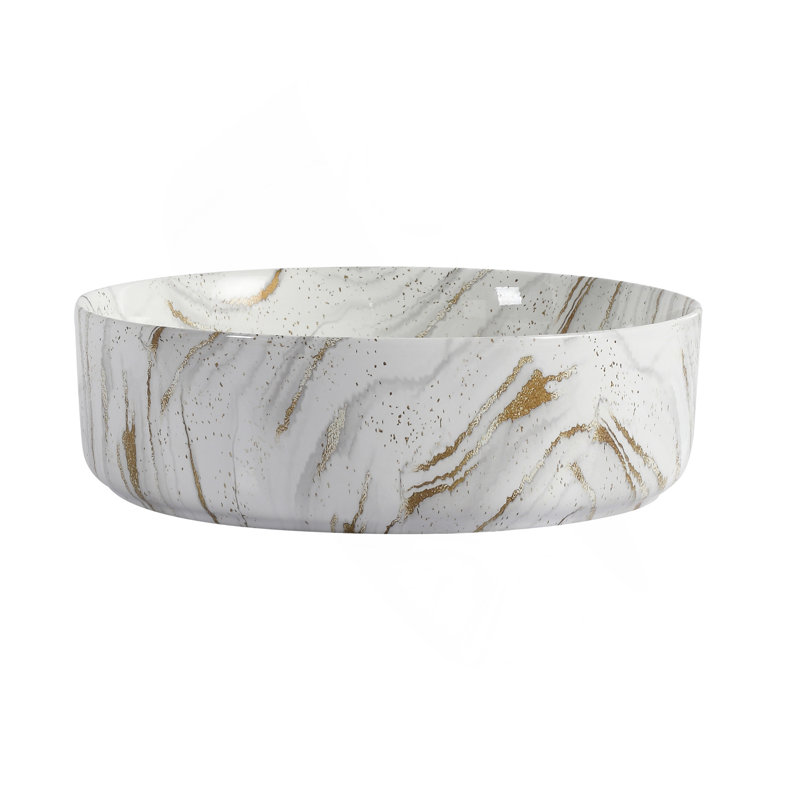 Ceramic Round Above Counter Bathroom Sink Art Basin, White Background With Golden Lines (BAA0014012PP), White/Gold