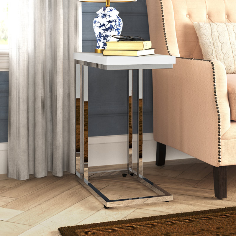 Brockett C-Shaped Sofa Side Table - Modern End Table, Laptop Tray, or Compact Bedside Nightstand, White