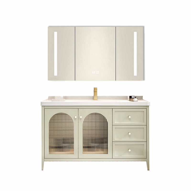 Meuble-lavabo de salle de bain autoportant en bois d'hévéa massif de couleur crème 43,70 po avec armoire à miroir, 44"