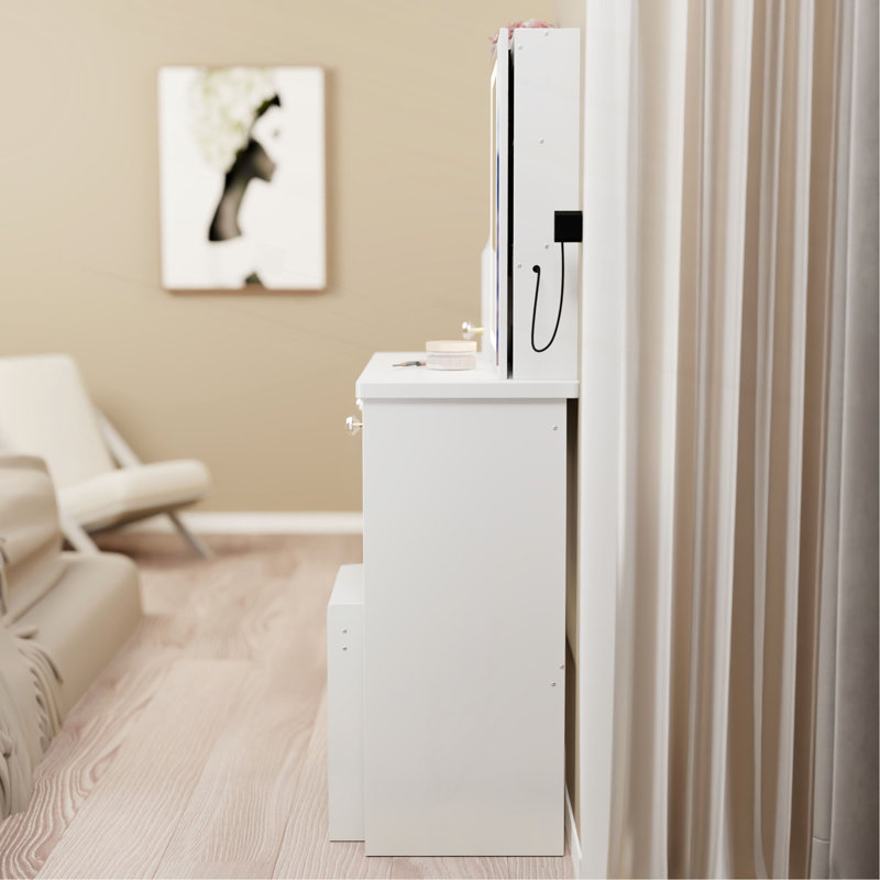 Petit meuble-lavabo de 29,2 po avec tabouret de bureau et tabouret rembourré à gauche 29,5 po, grande commande tactile, interrupteur tricolore, miroir à luminosité réglable, rangement à grande capacité, convient aux petits espaces