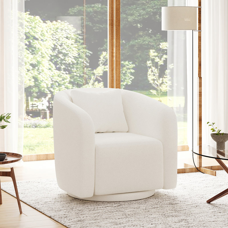 Bashar Upholstered Swivel Barrel Chair, White, 29.5" H x 31.1" W x 31.1" D