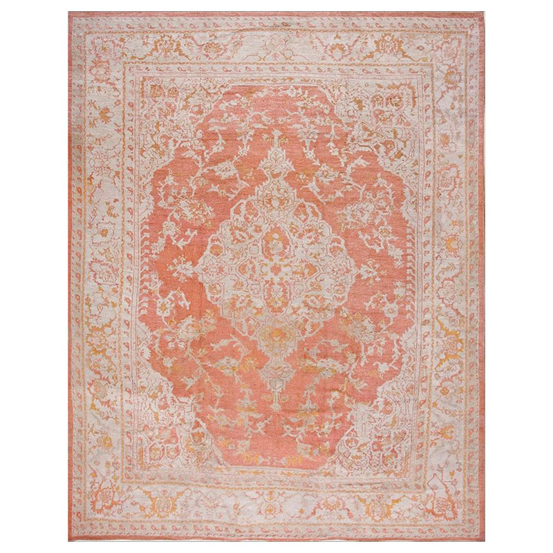 1900s Coral Medallion Antique Turkish Oushak Carpet 11'9"x14'9" Knotted Wool Rug