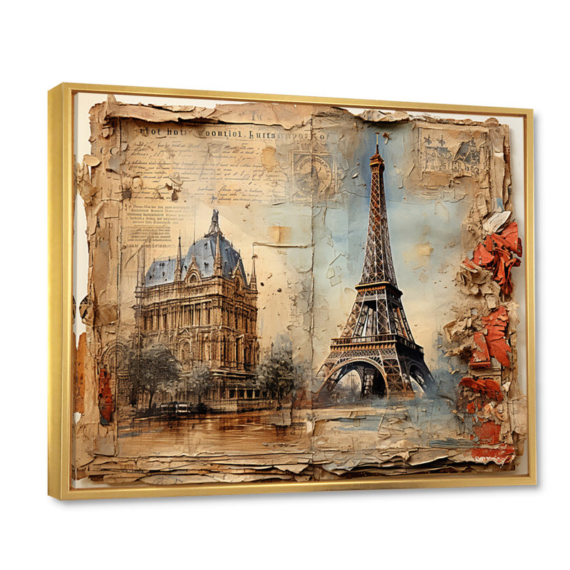 Paris Nostalgia, collage rétro sur toile, H 30 po x l 40 po x P 1,5 po, Cadre flottant doré