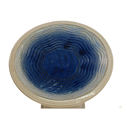 Handmade glazed ceramic bird bath, 17" concentric ripple embossed tray & 18" pedestal base, white to sage green ombre gradient glaze outdoor bird feeder for yard, lawn, patio & backyard