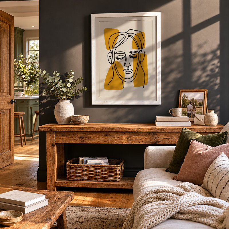 Lined Portrait In Ochre Minimalist - Print, A3 - 42.0 x 29.7 cm, White