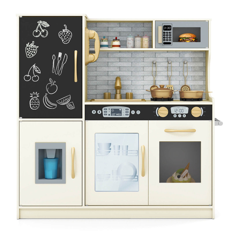 Kid’s Pretend Play Kitchen Toddler Kitchen Playset with Blackboard Gray, Beige