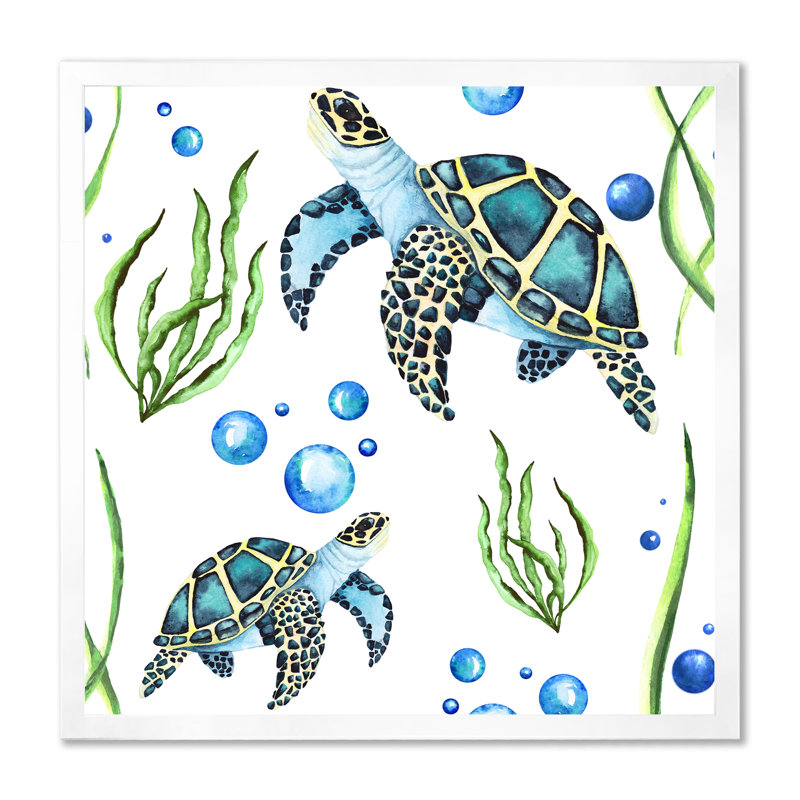 Tortue de mer, algues et bulles - reproduction d'art sur toile, H 36 po x l 36 po x P 1 po, Cadre photo blanc