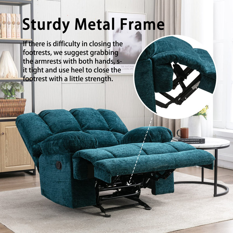 Rocker Upholstered Recliner, Teal Chenille, 41" H x 42.9" W x 36.2" D