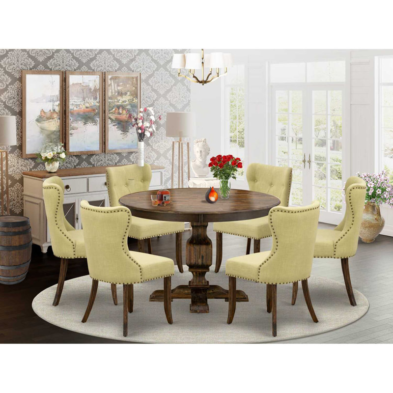 Distressed Jacobean Finish Solid Wood Top Dining Table with Person Chairs with Lattice Back, 7 Pieces: 1 Table, 6 Chairs