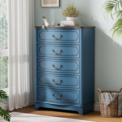 Commode 5 tiroirs pour chambre à coucher, commodes hautes de 48 po et commodes, grande commode de rangement avec poignées dorées rétro pour chambre à coucher, salon, placard, couloir