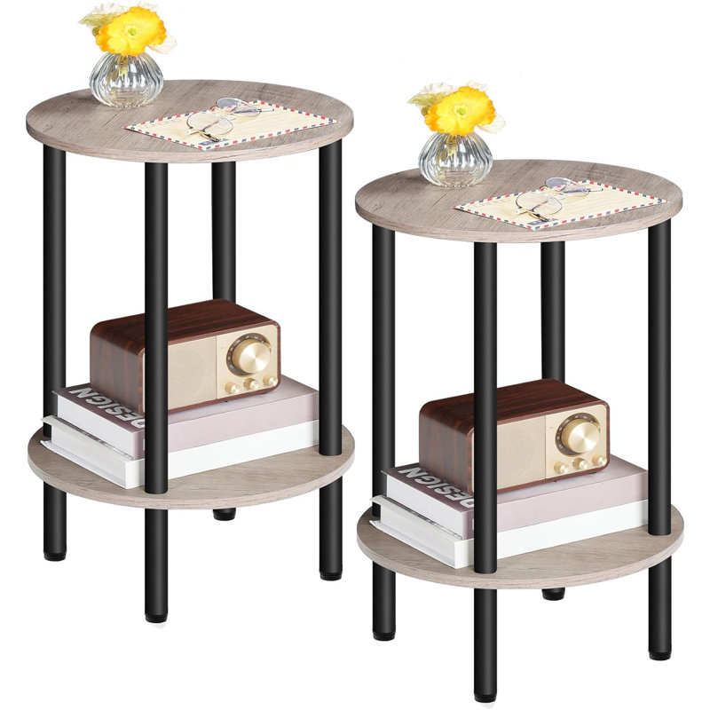 Table d'appoint ronde industrielle avec rangement à deux niveaux, structure en métal robuste et conception compacte pour le salon, la chambre à coucher ou le bureau