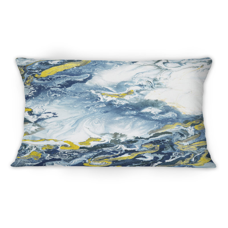 Bleu, jaune, or, art liquide abstrait I - Coussin décoratif imprimé moderne 1