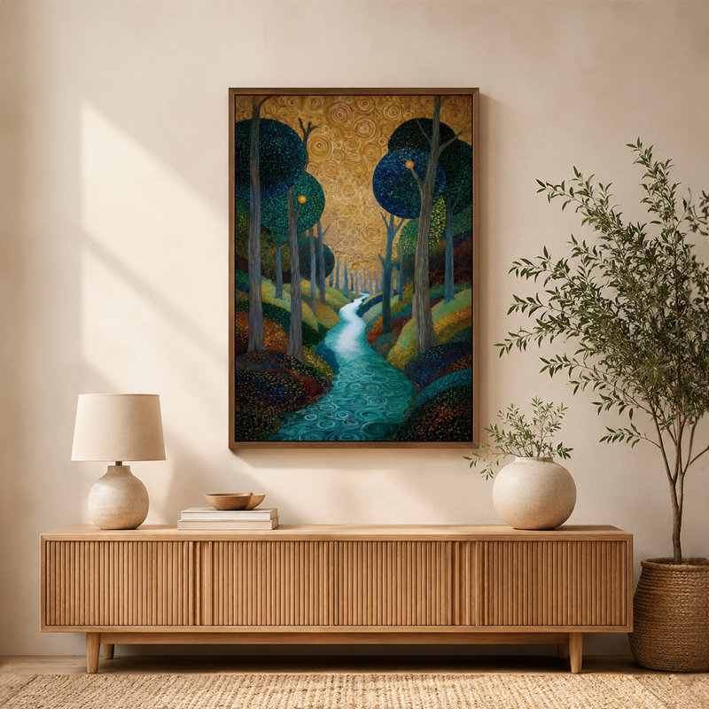 «Forest Stream Winding Path Vibrant Trees», art mural sur toile avec cadre flottant, prêt à être suspendu, 24 po x 36 po