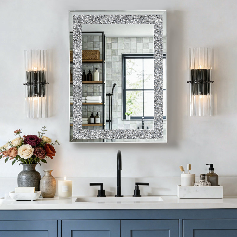 Vigan Rectangular Mirrored Bathroom Wall Cabinet & Medicine Cabinet with Adjustable Shelves, Crushed Diamond Trim, Wall-Mounted Storage Organizer for Bathroom, Laundry Room & Living Room