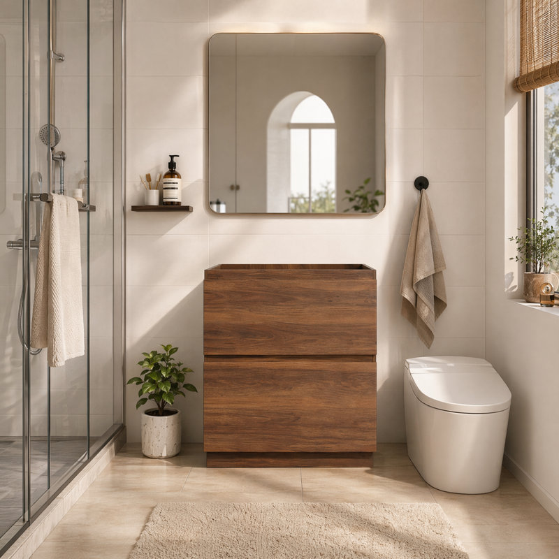 Base de meuble-lavabo 30 po avec tiroirs doubles, armoire de rangement autoportante, bois d'ingénierie au fini brun pour salle de bain moderne