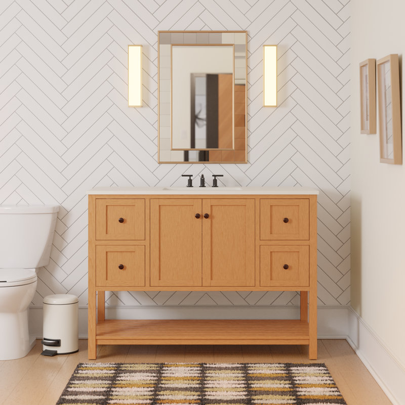 Binne 48'' Single Bathroom Vanity with Top, Engineered White, Blonde