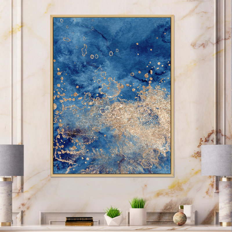 Abstrait classique bleu et or II - peinture sur toile, H 32 po x l 16 po, Cadre flottant en érable