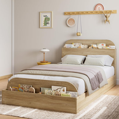 Wooden Bed Frame with Storage Headboard & Footboard, Low Profile Platform Bed with Wooden Slats, No Box Spring Needed
